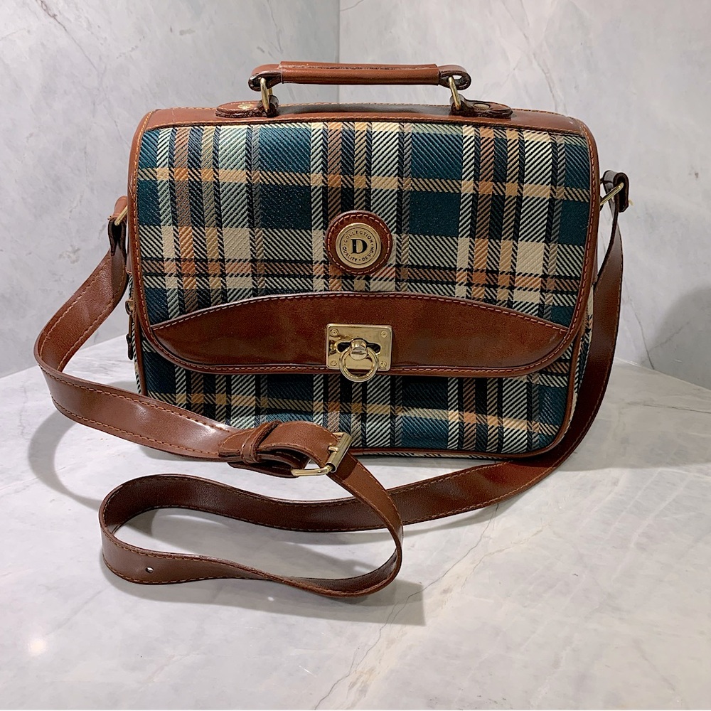 D Collection vintage plaid & vinyl purse with adjustable strap rich colour